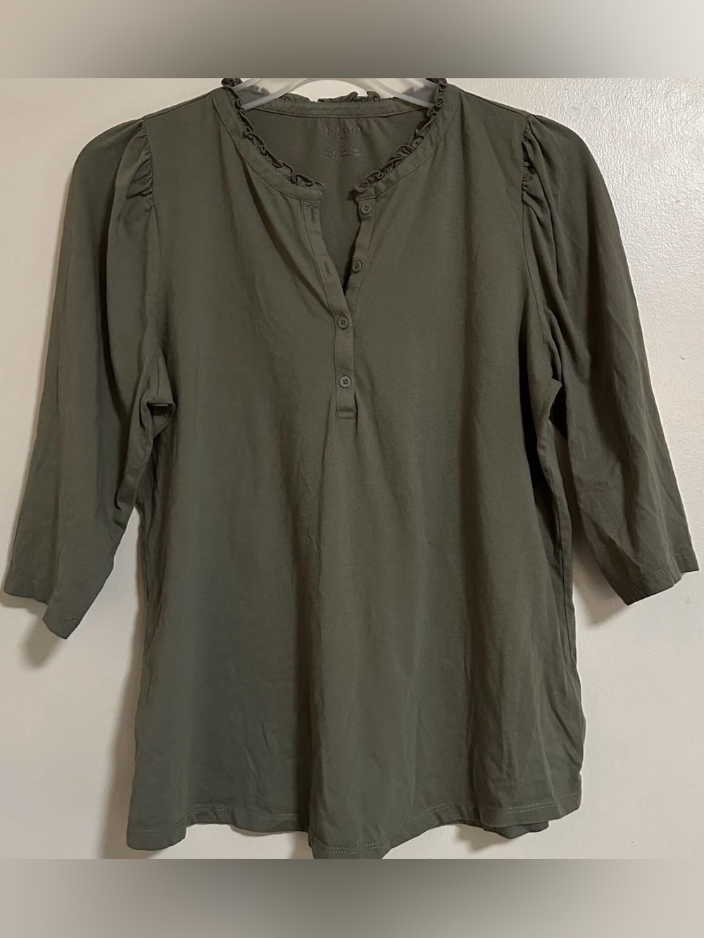 Talbots Puff Sleeve Ruffled Neck Top Blouse Green Women’s Size 1X